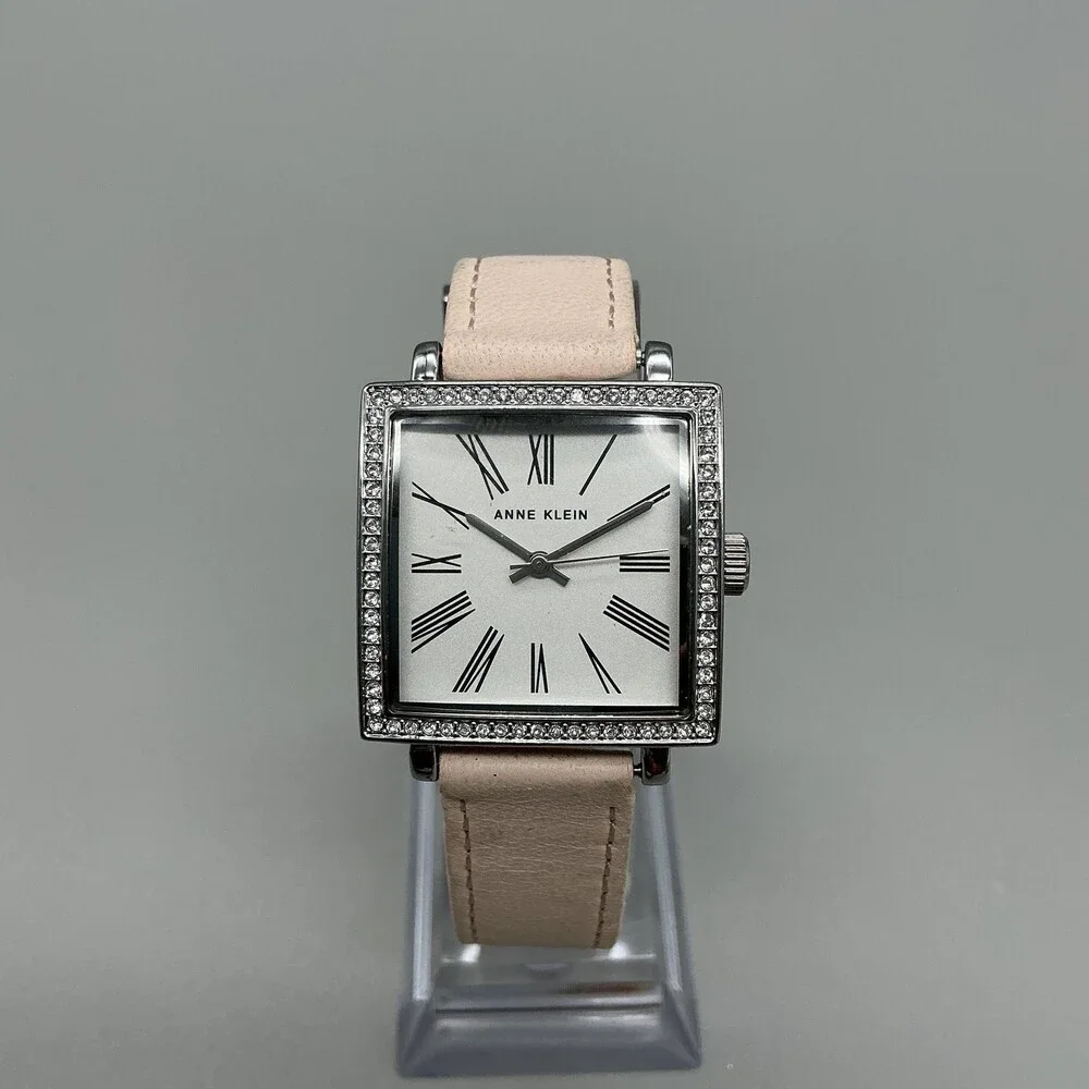 Anne Klein AK/1299 Womens Watch 28mm Silver Tone Leather Crystals New Battery